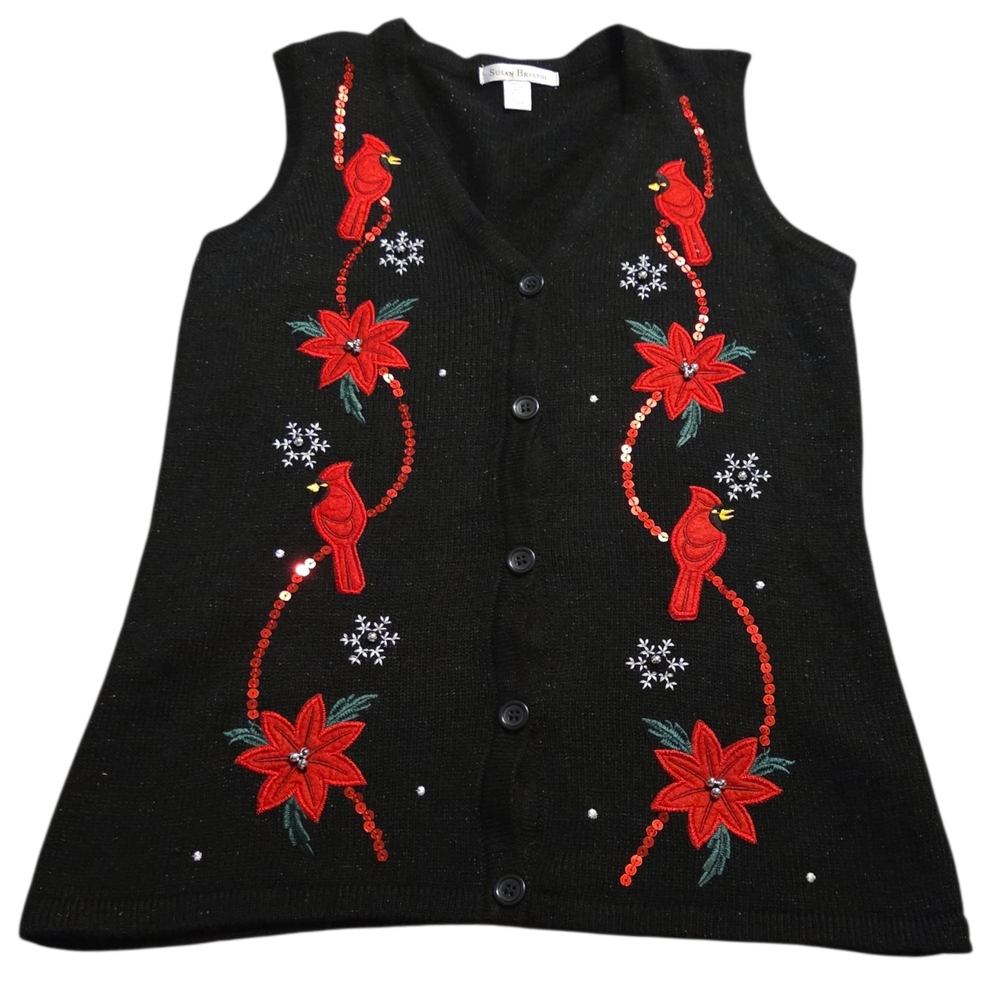 Susan Bristol Christmas Vest‎ Cardinals Poinsettias Holiday Women S